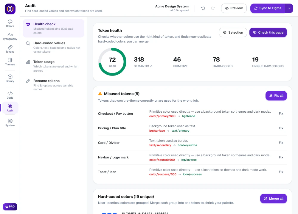 Token health check with a score, misused tokens and suggested fixes