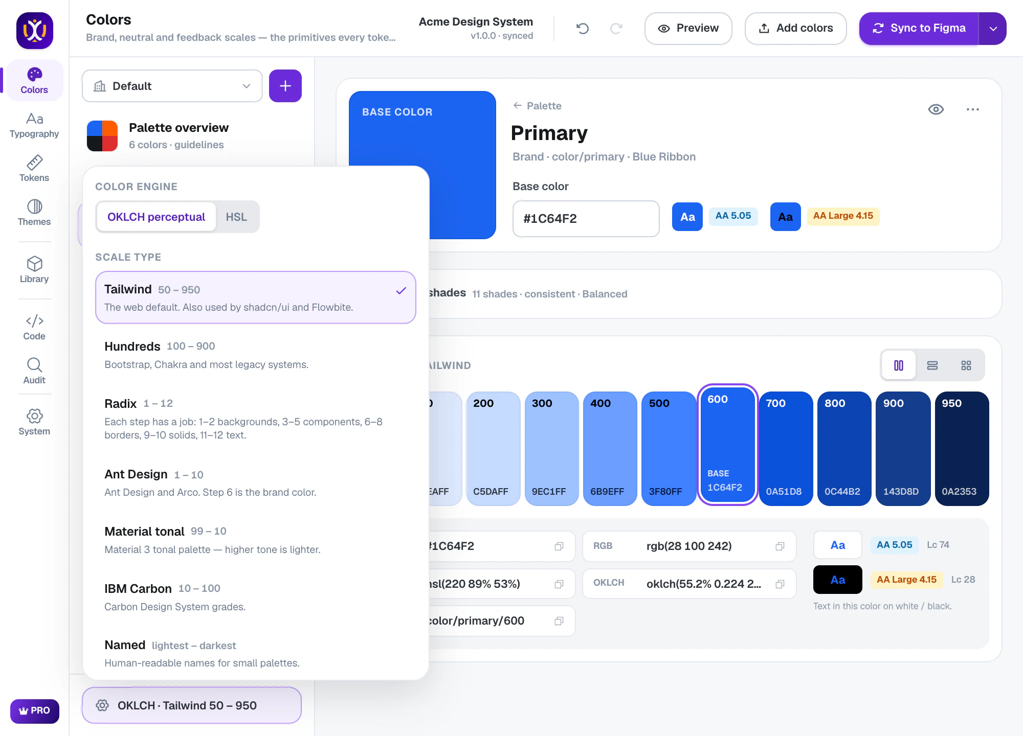 Scale type menu listing Tailwind, Radix, Ant Design, Material tonal and IBM Carbon formats