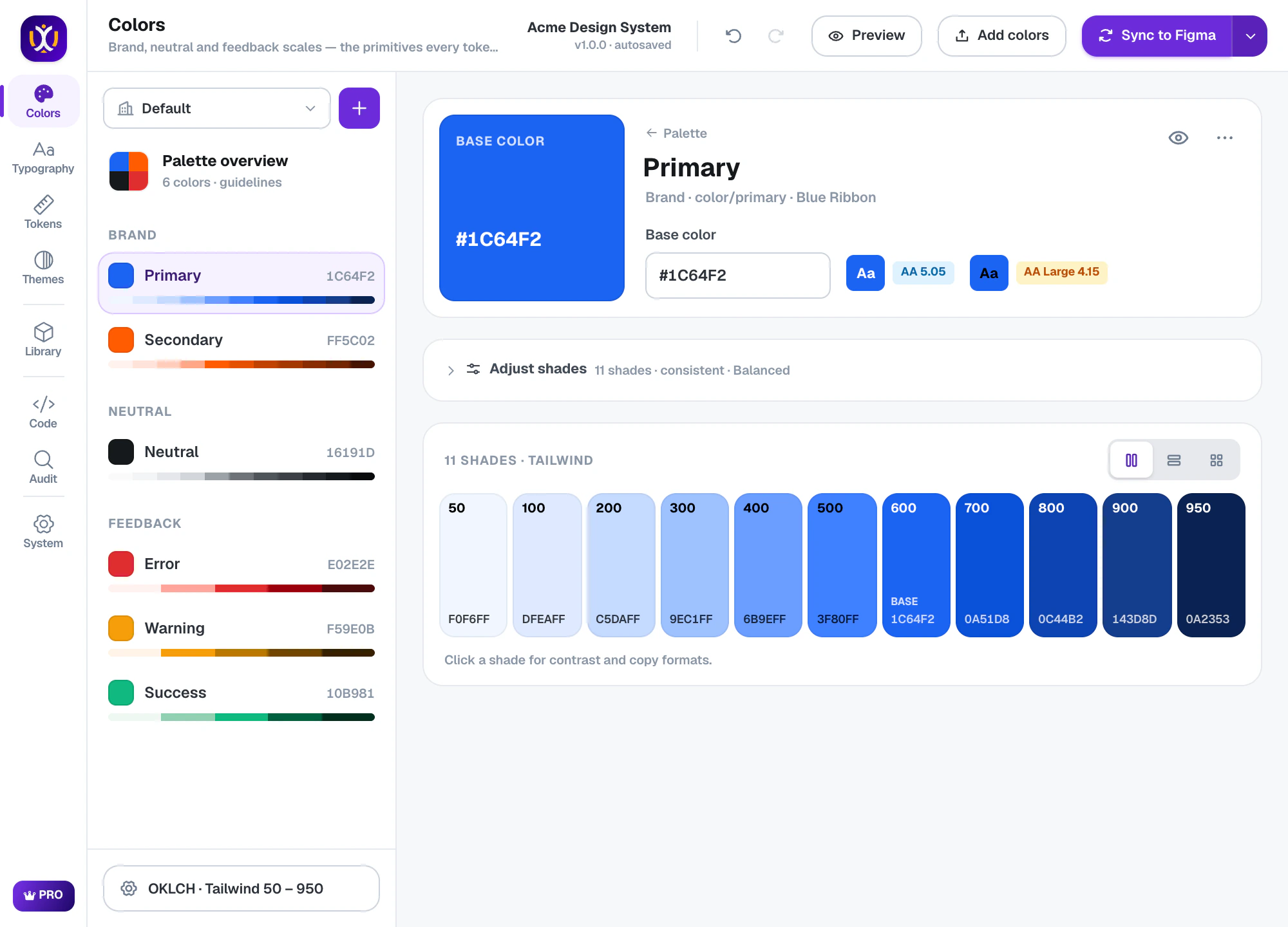 UIX color editor showing a primary color scale from 50 to 950 with contrast badges