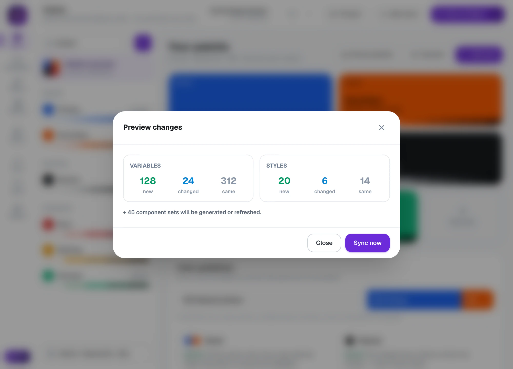 Preview changes dialog with counts of variables and styles