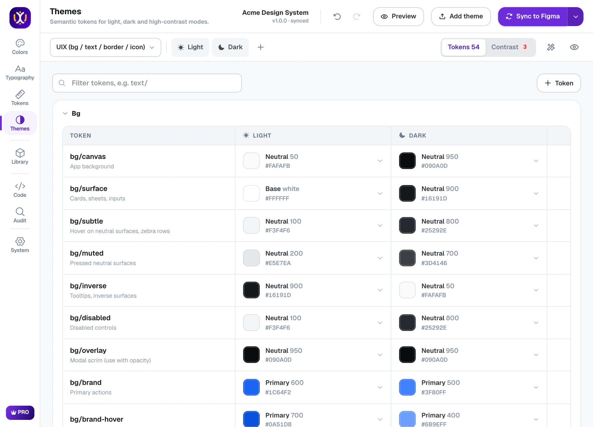 Semantic theme tokens with light and dark values