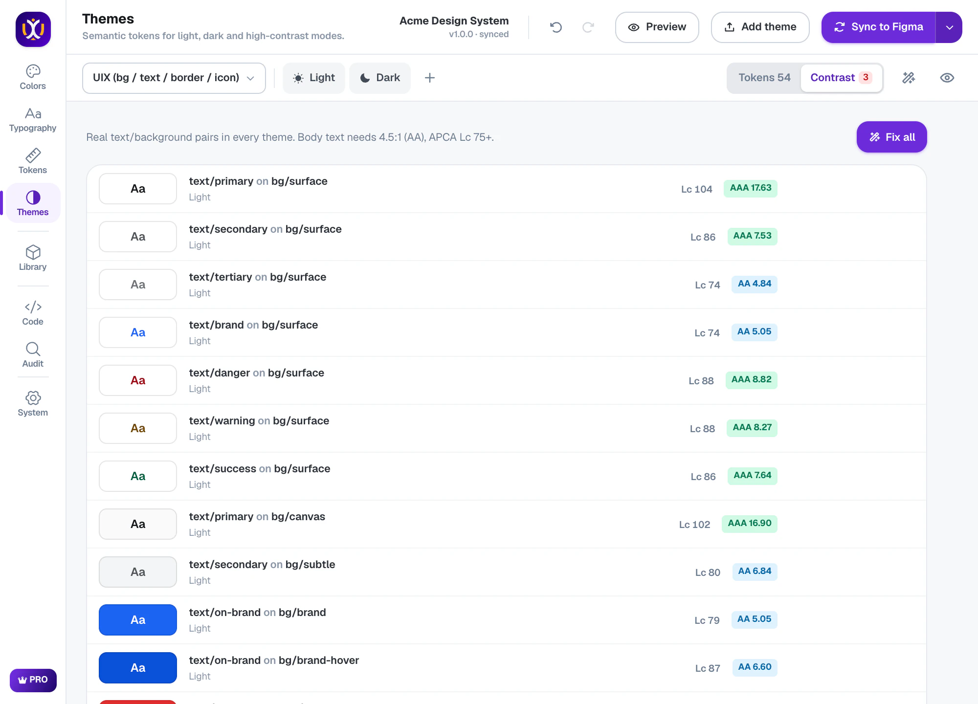 Contrast checker listing token pairs with ratios and a Fix all button