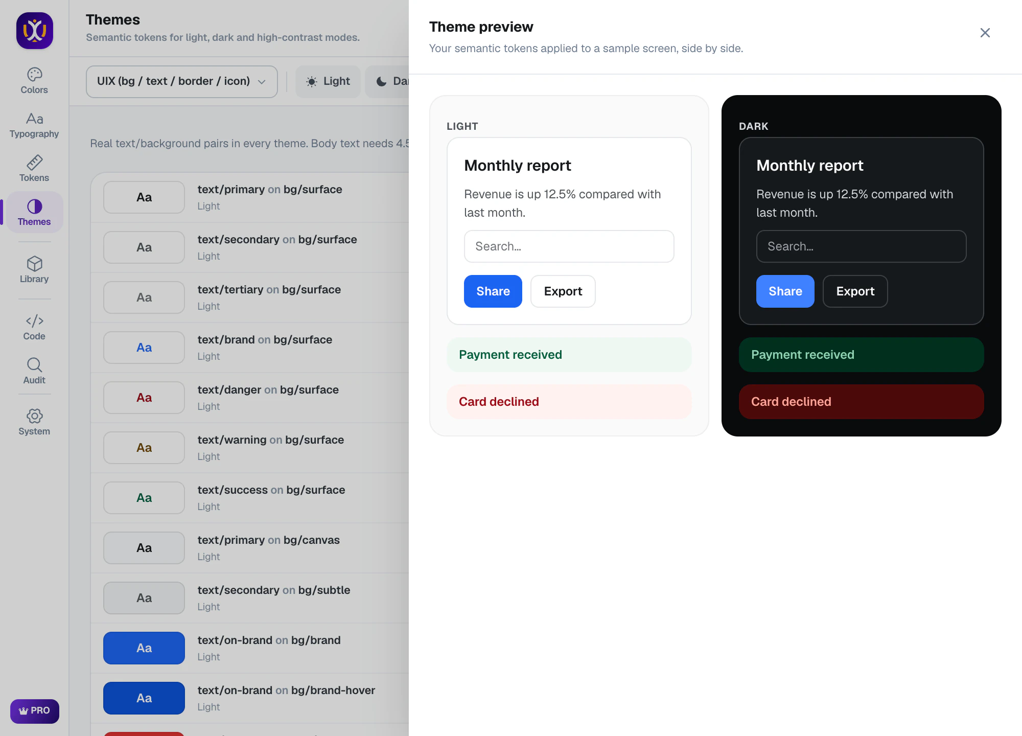 Theme preview showing the same interface in light and dark mode