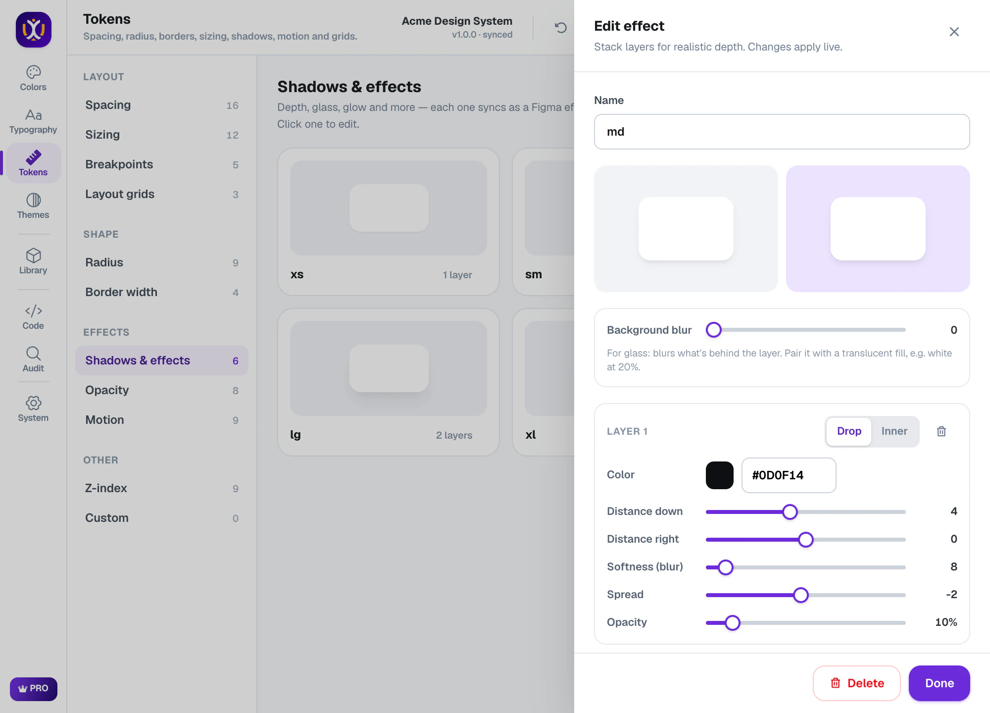 Shadow editor with layers, color, blur and background blur