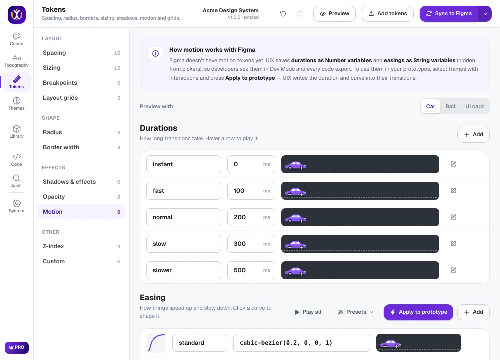 UIX tokens tab showing the token list and motion durations with live previews