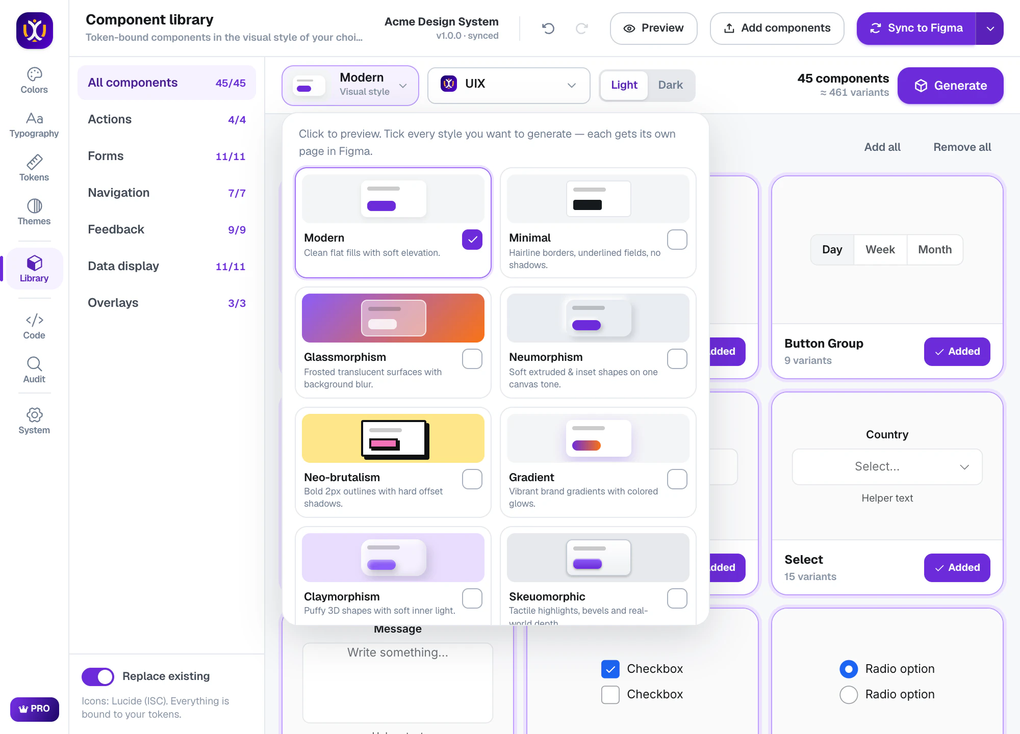 Visual style picker with ten styles