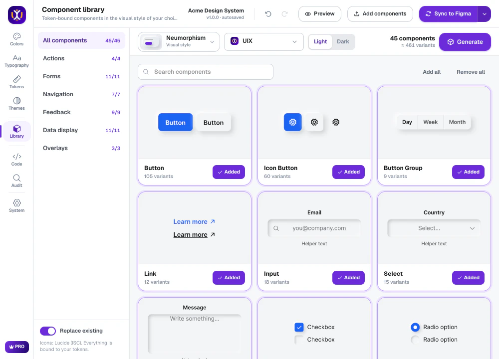 Component library in the Neumorphism style with buttons, inputs and selects
