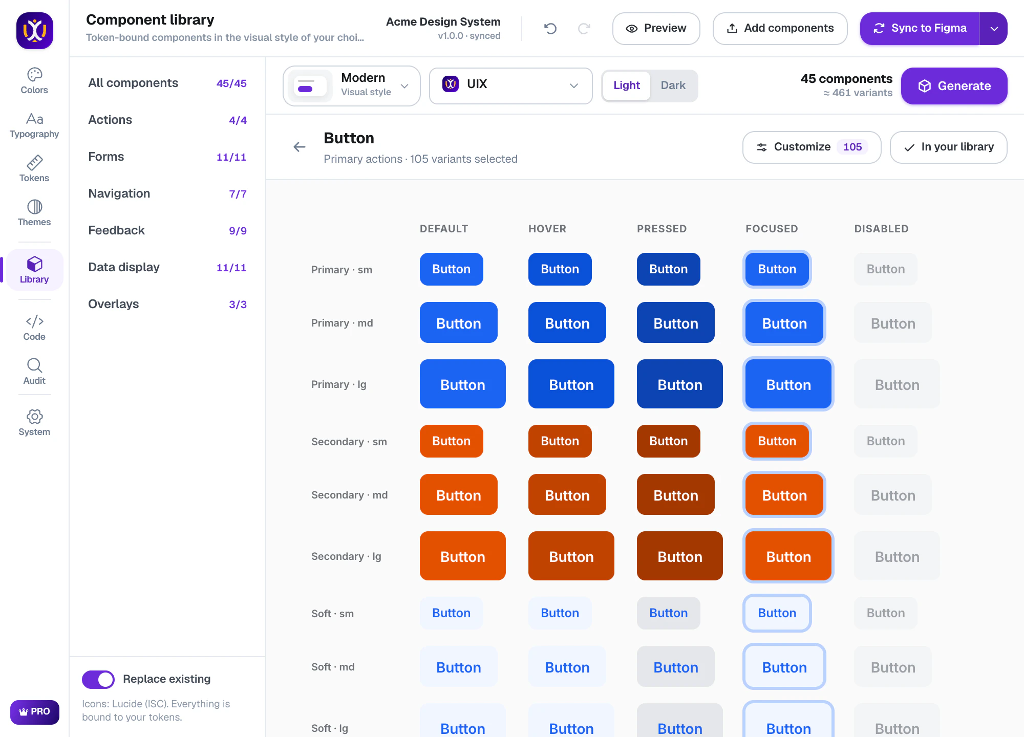 Button component variant table with states and sizes