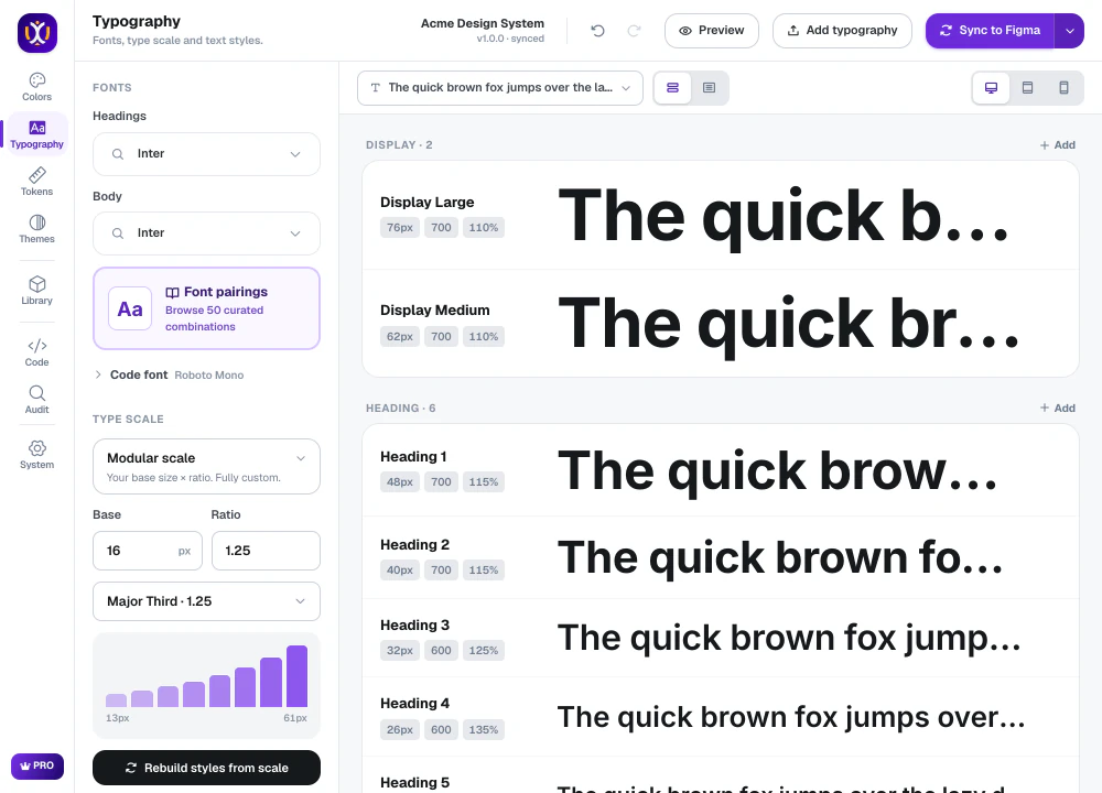UIX typography tab with a type scale preview and font settings