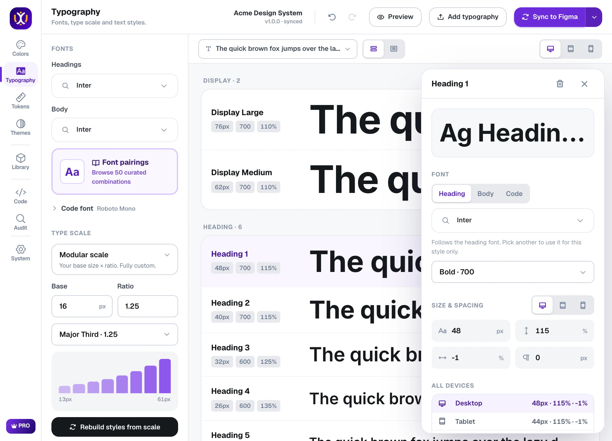 Style inspector with per-device size, line height and letter spacing