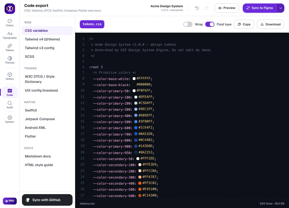 Code export showing generated CSS variables