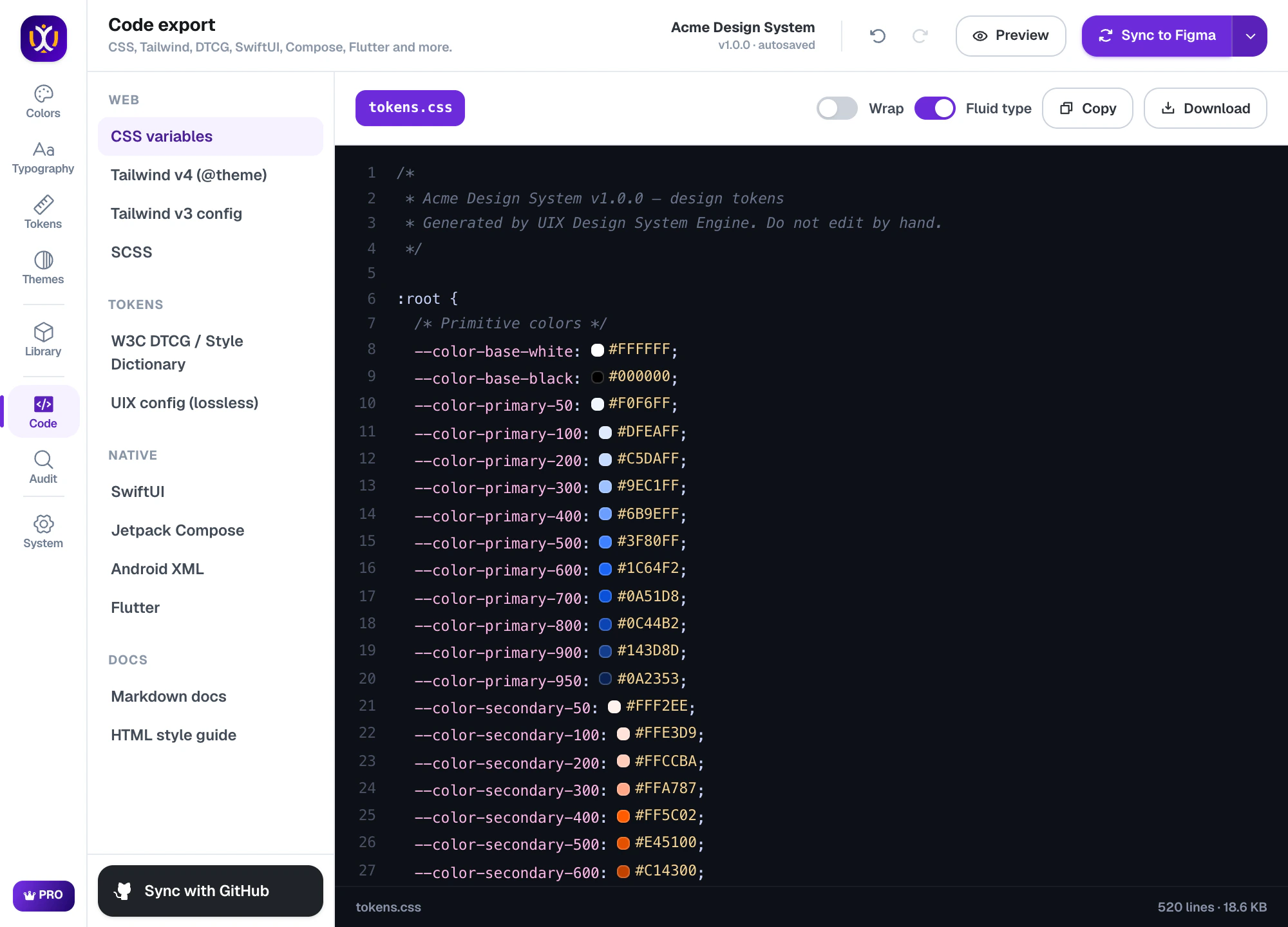 Code export showing generated CSS variables