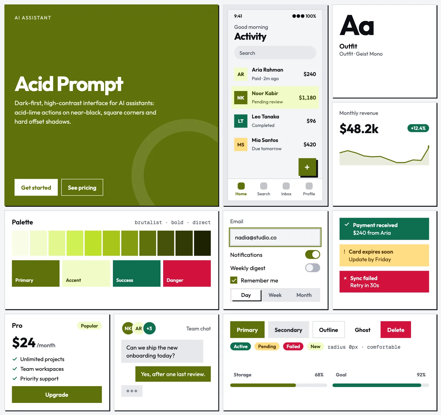 Acid Prompt across ten UI tiles: hero, phone screen, type, chart, palette, form, alerts, pricing, chat and buttons