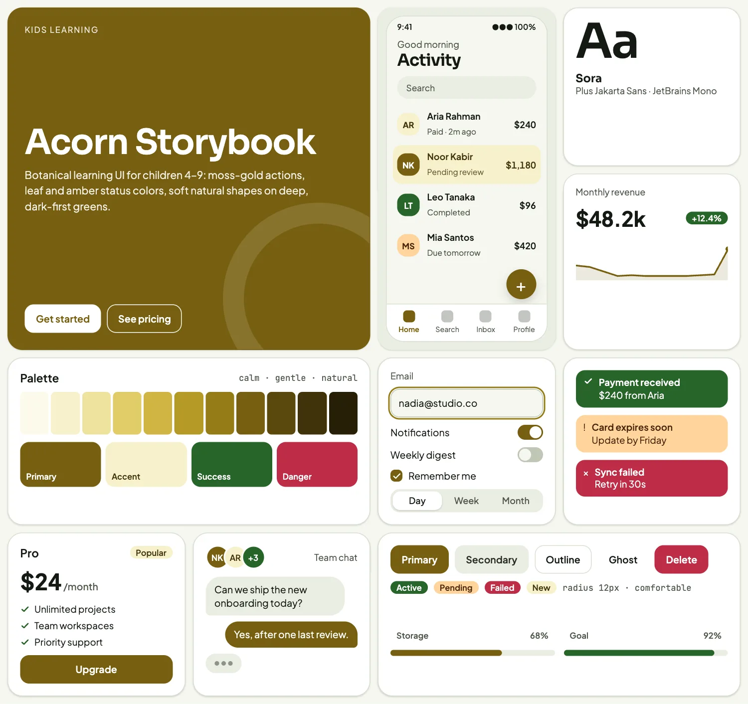 Acorn Storybook across ten UI tiles: hero, phone screen, type, chart, palette, form, alerts, pricing, chat and buttons
