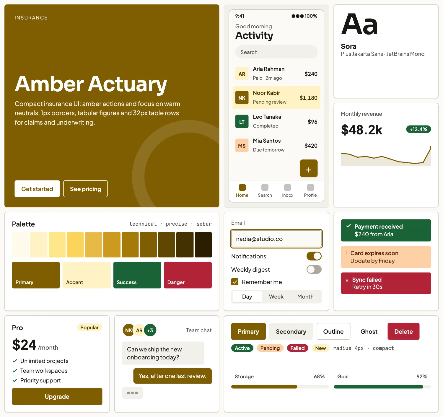 Amber Actuary across ten UI tiles: hero, phone screen, type, chart, palette, form, alerts, pricing, chat and buttons