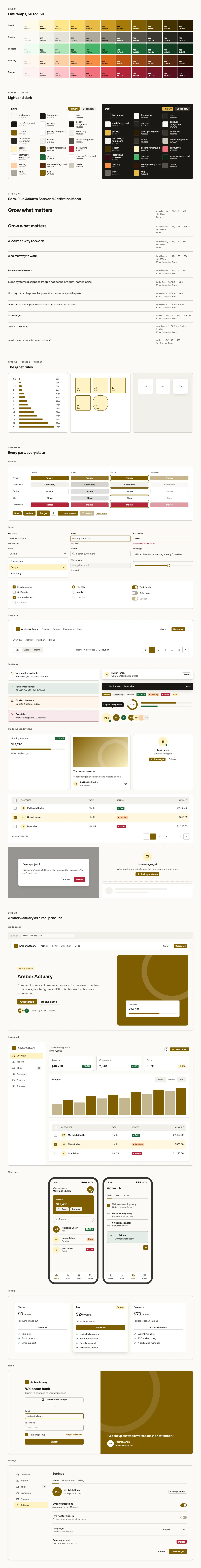 Amber Actuary full preview: colour ramps, light and dark tokens, type scale, components in every state and six product screens