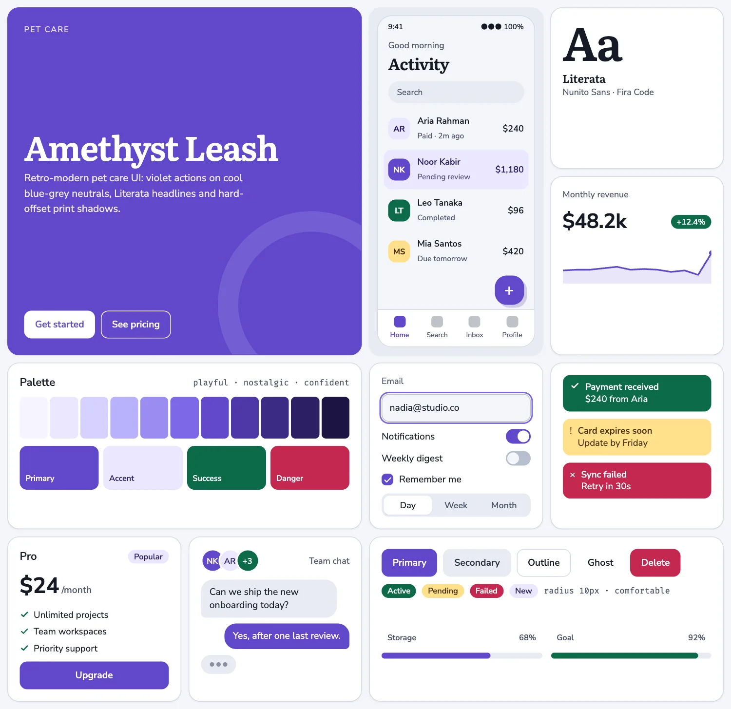 Amethyst Leash across ten UI tiles: hero, phone screen, type, chart, palette, form, alerts, pricing, chat and buttons
