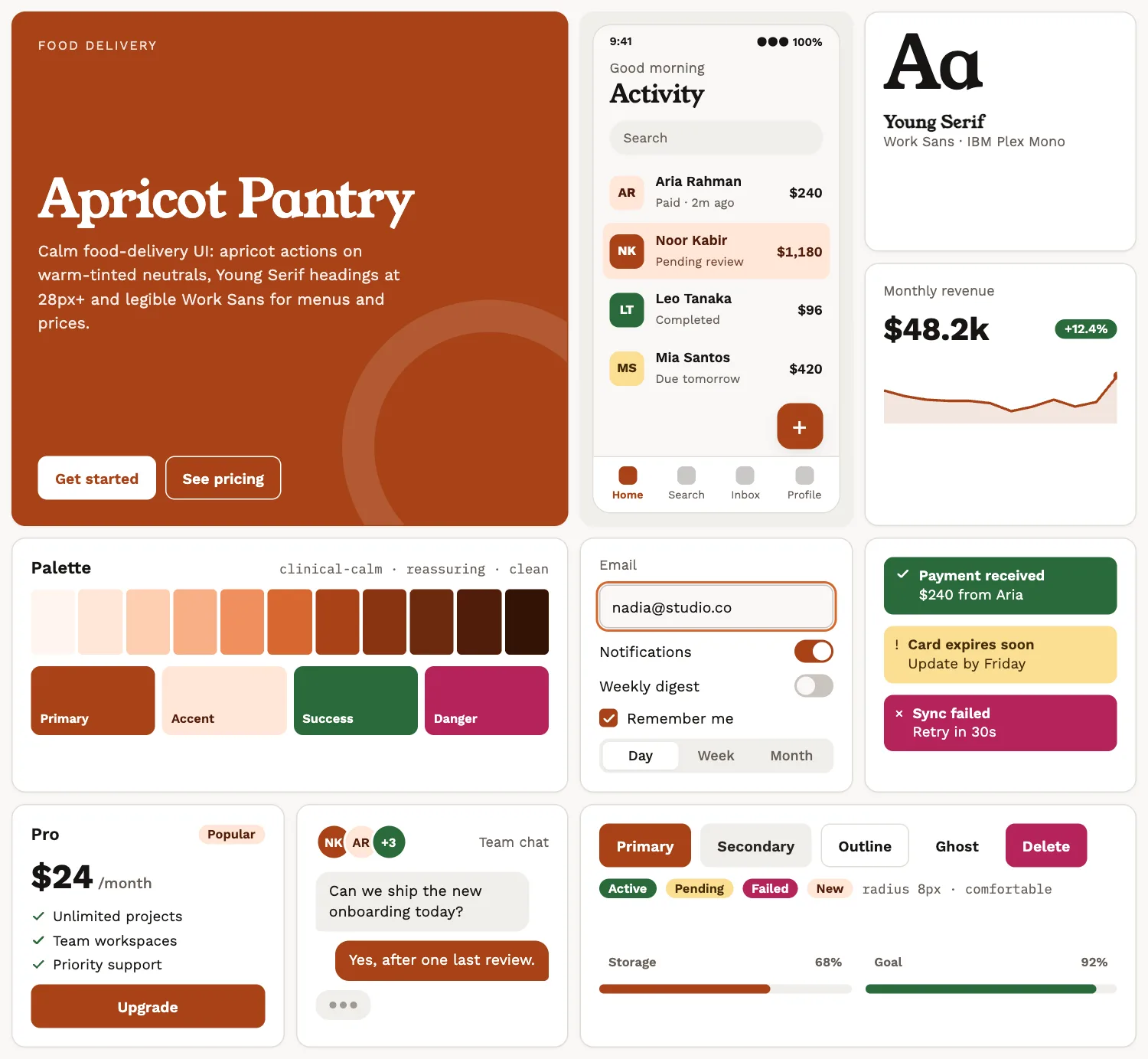 Apricot Pantry across ten UI tiles: hero, phone screen, type, chart, palette, form, alerts, pricing, chat and buttons