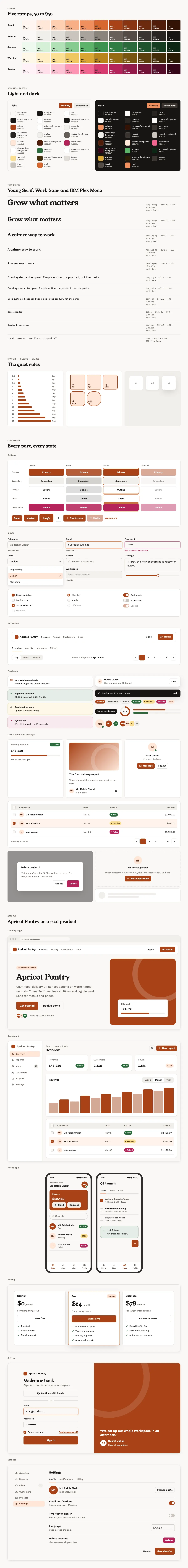 Apricot Pantry full preview: colour ramps, light and dark tokens, type scale, components in every state and six product screens