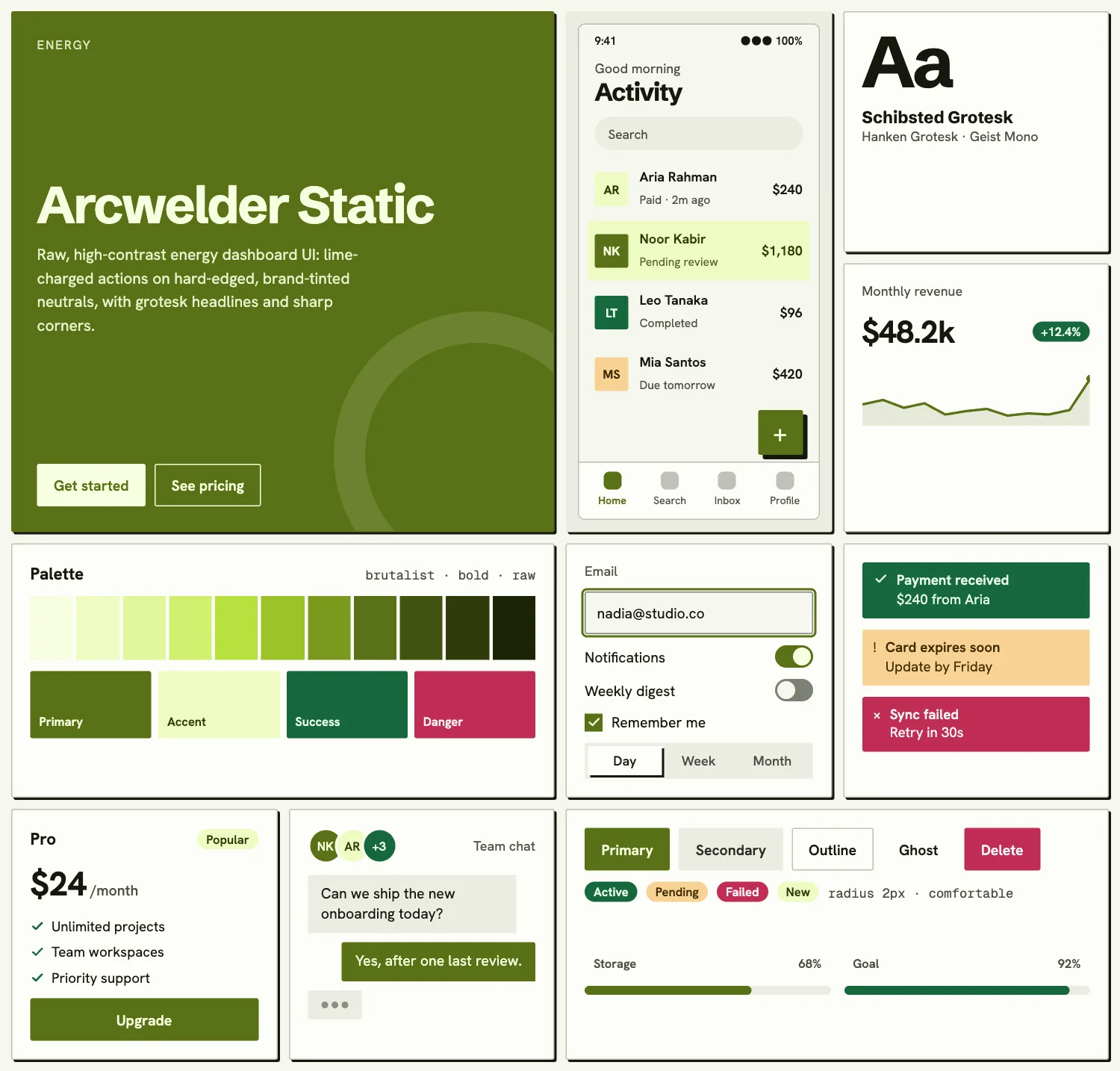 Arcwelder Static across ten UI tiles: hero, phone screen, type, chart, palette, form, alerts, pricing, chat and buttons
