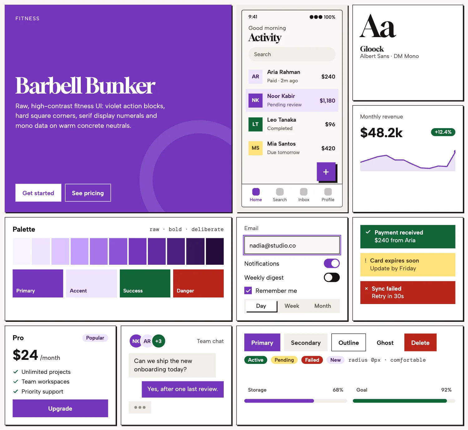 Barbell Bunker across ten UI tiles: hero, phone screen, type, chart, palette, form, alerts, pricing, chat and buttons