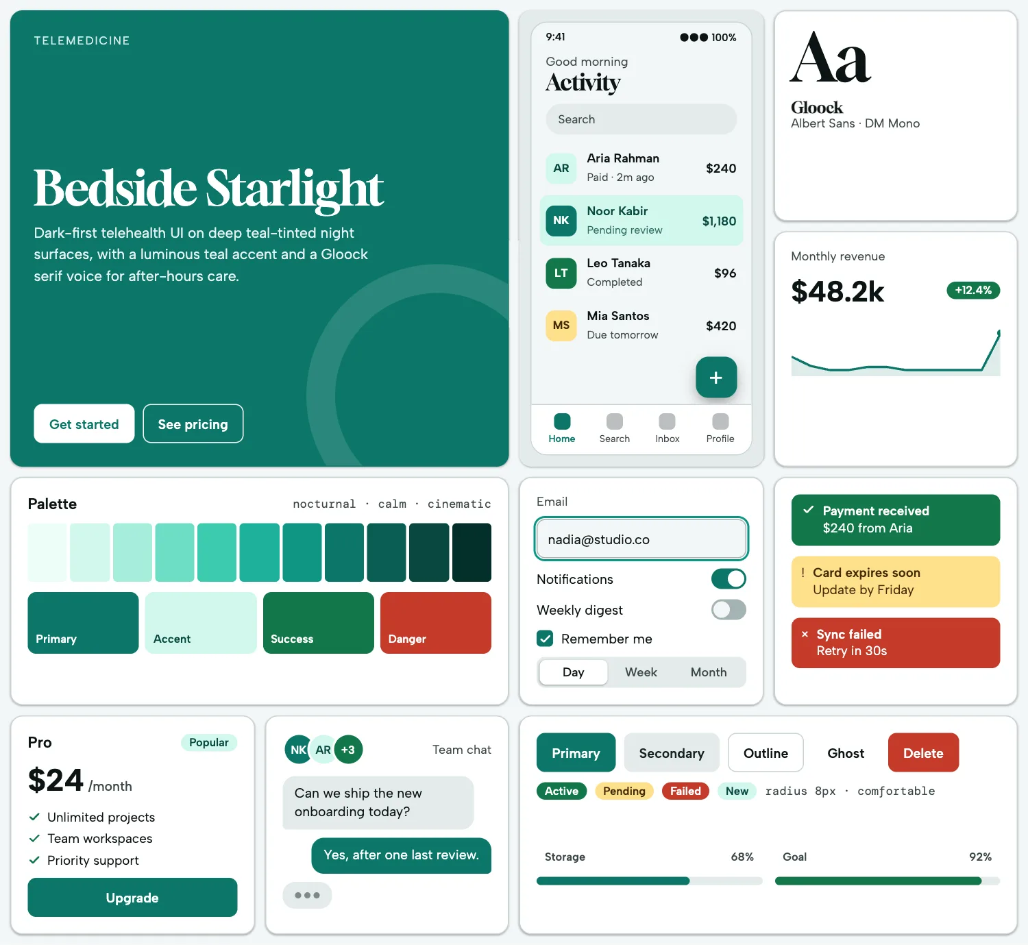 Bedside Starlight across ten UI tiles: hero, phone screen, type, chart, palette, form, alerts, pricing, chat and buttons