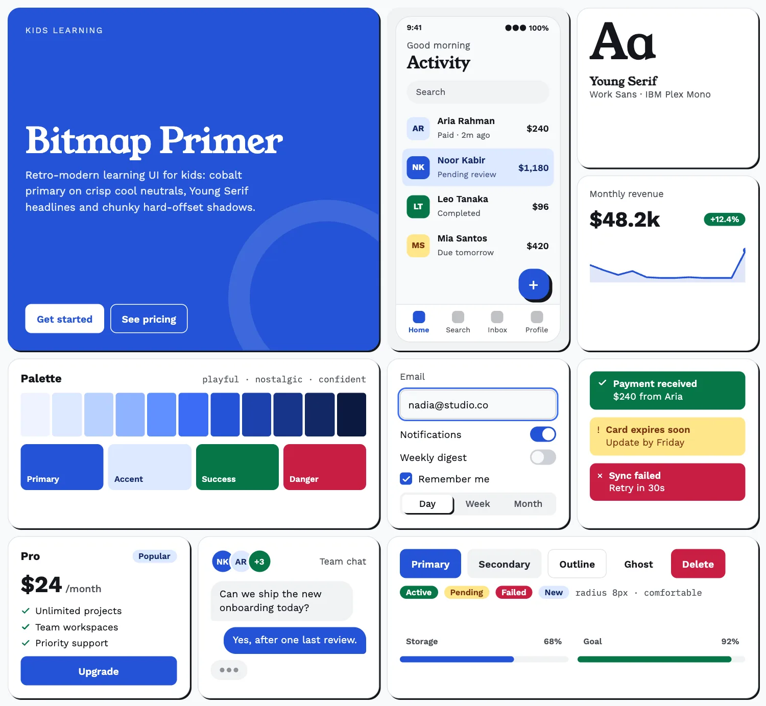 Bitmap Primer across ten UI tiles: hero, phone screen, type, chart, palette, form, alerts, pricing, chat and buttons