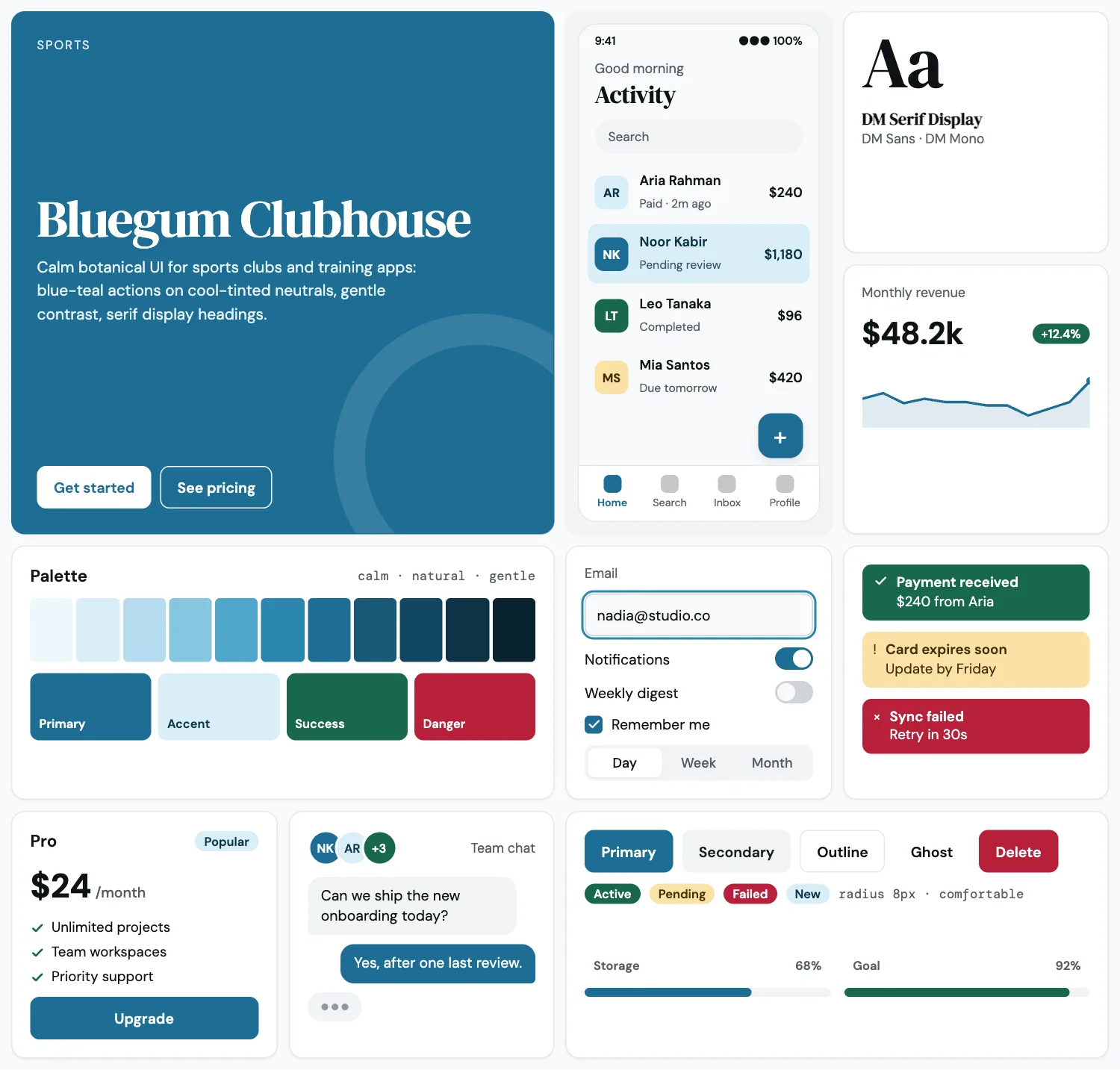 Bluegum Clubhouse across ten UI tiles: hero, phone screen, type, chart, palette, form, alerts, pricing, chat and buttons