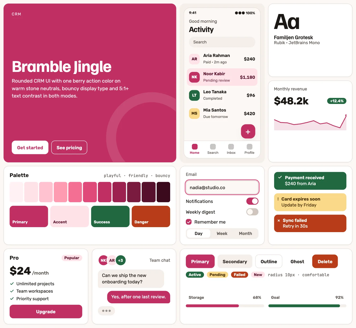 Bramble Jingle across ten UI tiles: hero, phone screen, type, chart, palette, form, alerts, pricing, chat and buttons