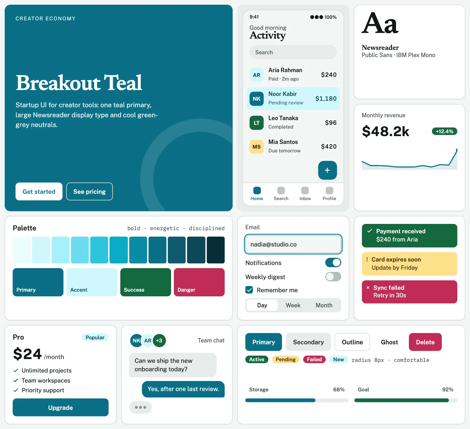 Breakout Teal across ten UI tiles: hero, phone screen, type, chart, palette, form, alerts, pricing, chat and buttons