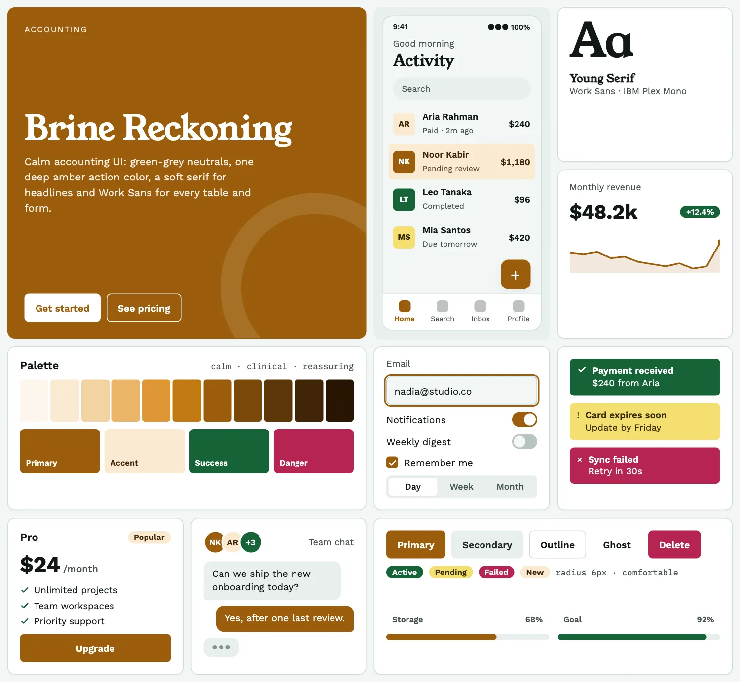 Brine Reckoning across ten UI tiles: hero, phone screen, type, chart, palette, form, alerts, pricing, chat and buttons