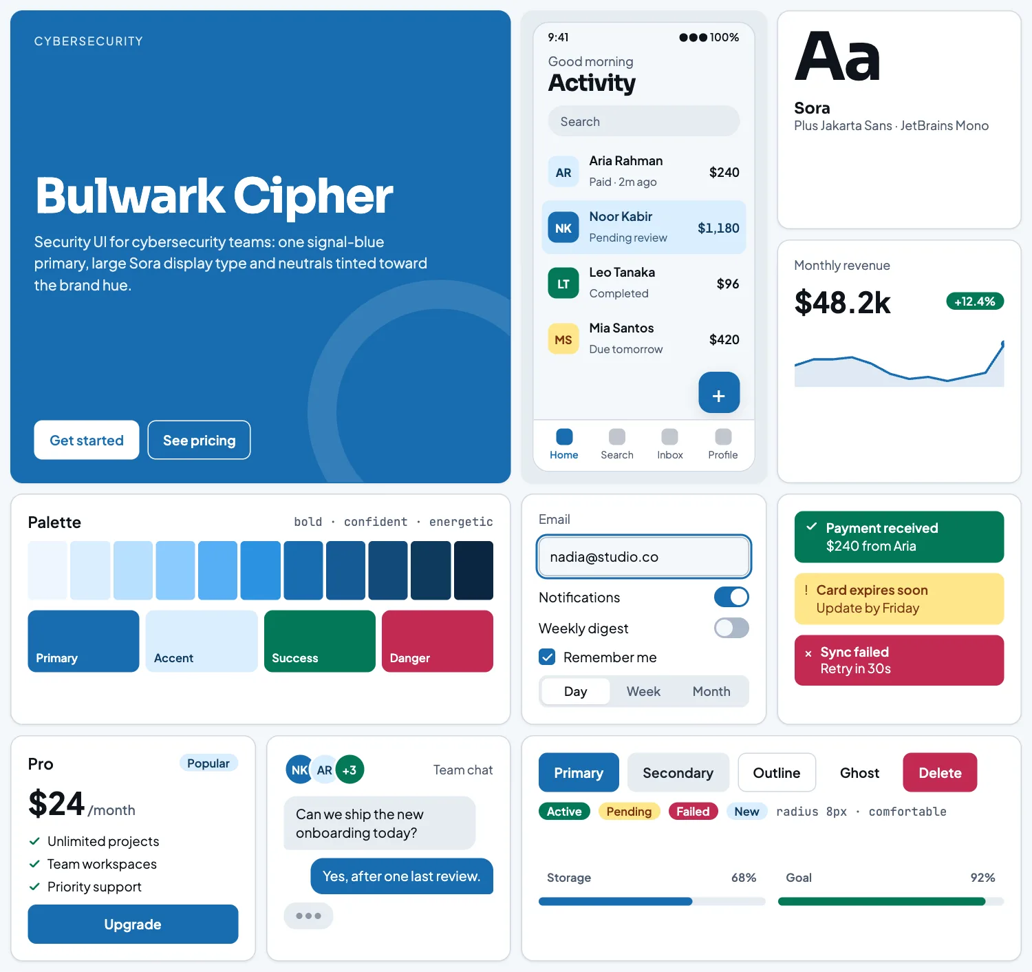Bulwark Cipher across ten UI tiles: hero, phone screen, type, chart, palette, form, alerts, pricing, chat and buttons