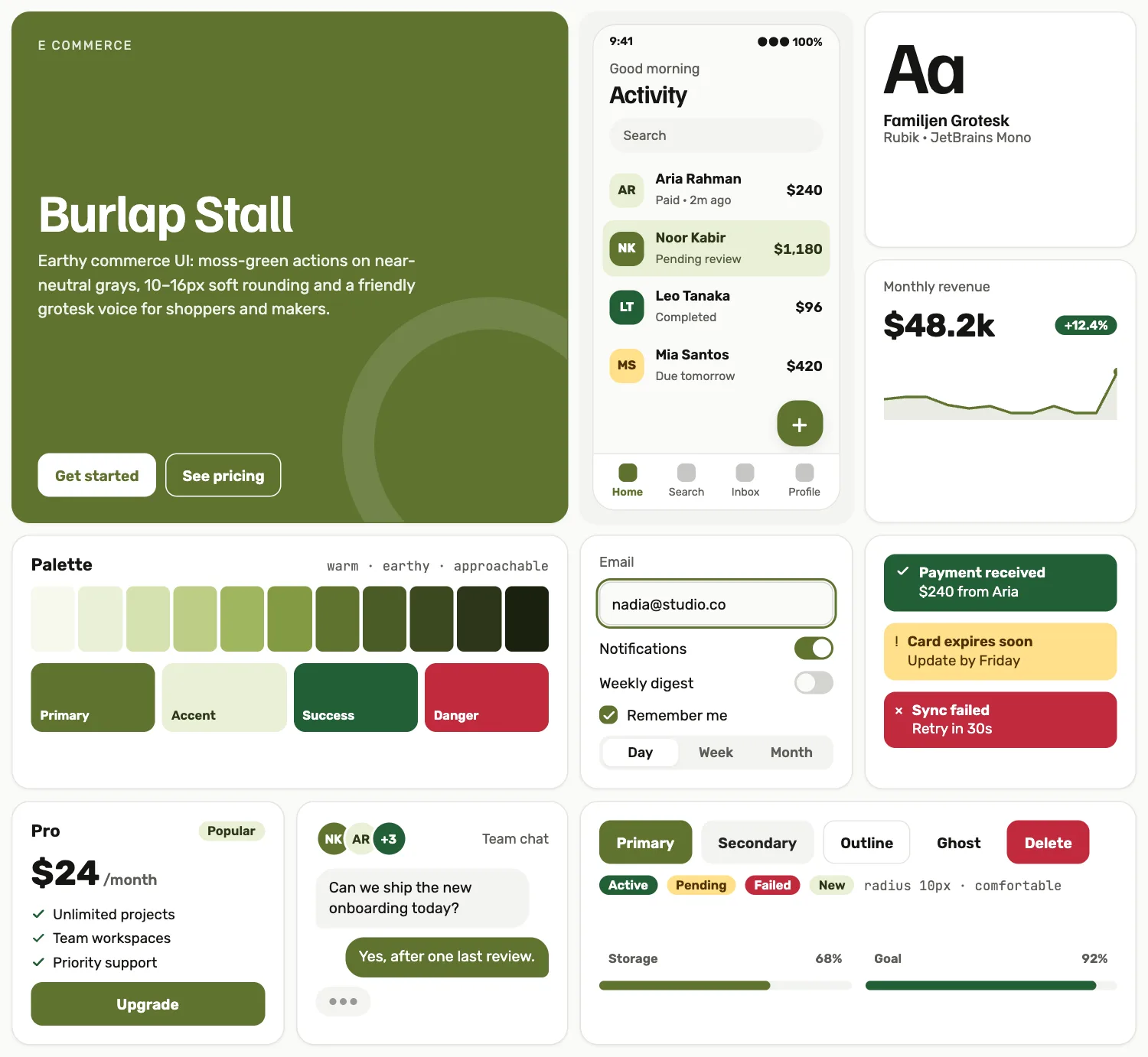 Burlap Stall across ten UI tiles: hero, phone screen, type, chart, palette, form, alerts, pricing, chat and buttons