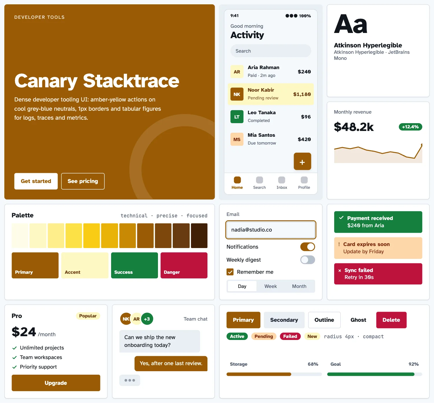 Canary Stacktrace across ten UI tiles: hero, phone screen, type, chart, palette, form, alerts, pricing, chat and buttons