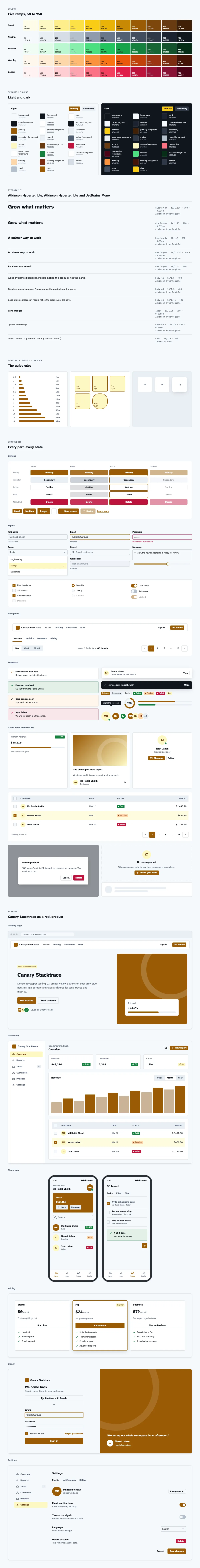 Canary Stacktrace full preview: colour ramps, light and dark tokens, type scale, components in every state and six product screens