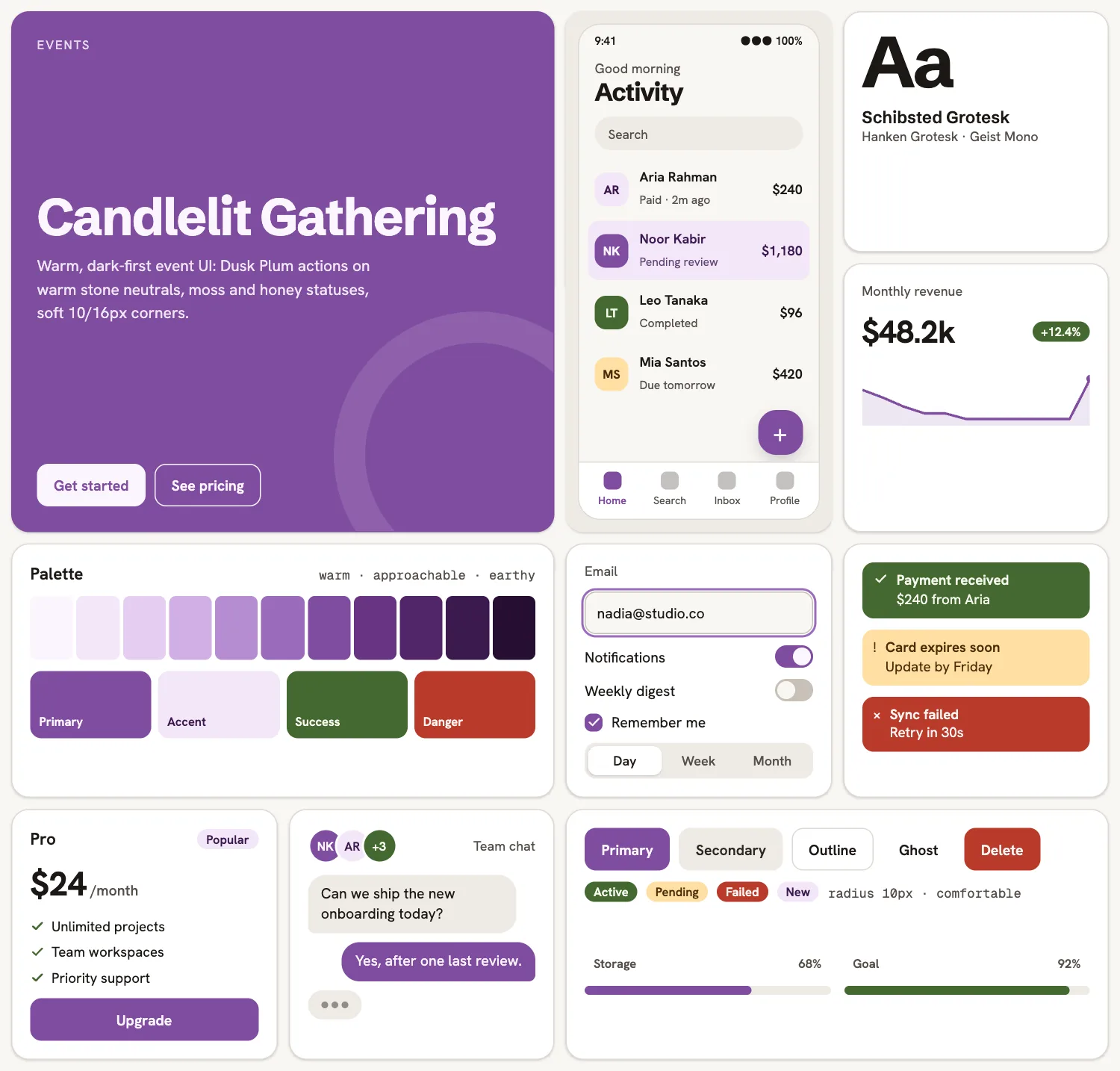 Candlelit Gathering across ten UI tiles: hero, phone screen, type, chart, palette, form, alerts, pricing, chat and buttons