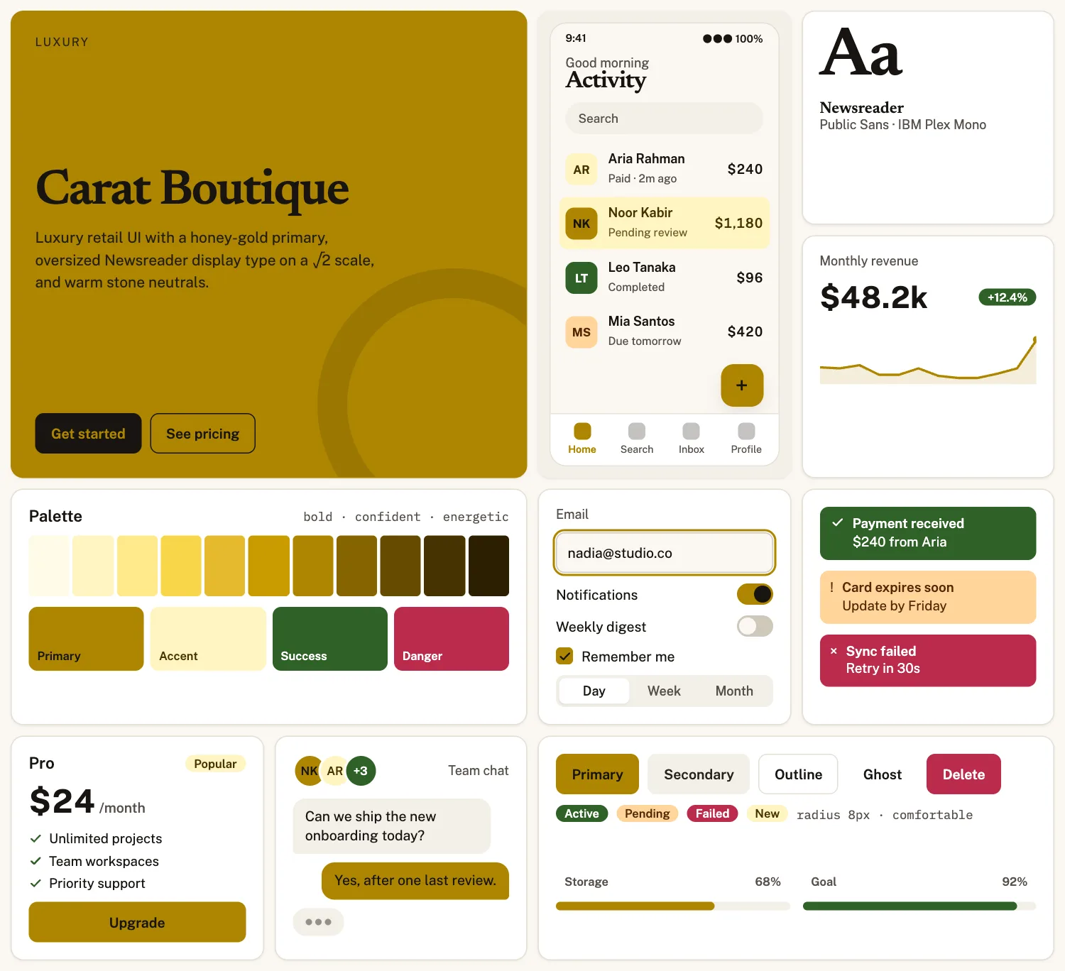 Carat Boutique across ten UI tiles: hero, phone screen, type, chart, palette, form, alerts, pricing, chat and buttons