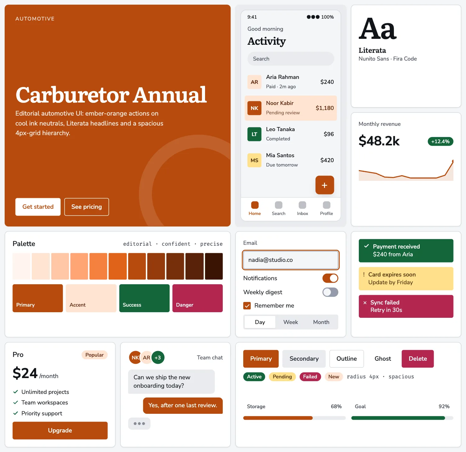 Carburetor Annual across ten UI tiles: hero, phone screen, type, chart, palette, form, alerts, pricing, chat and buttons