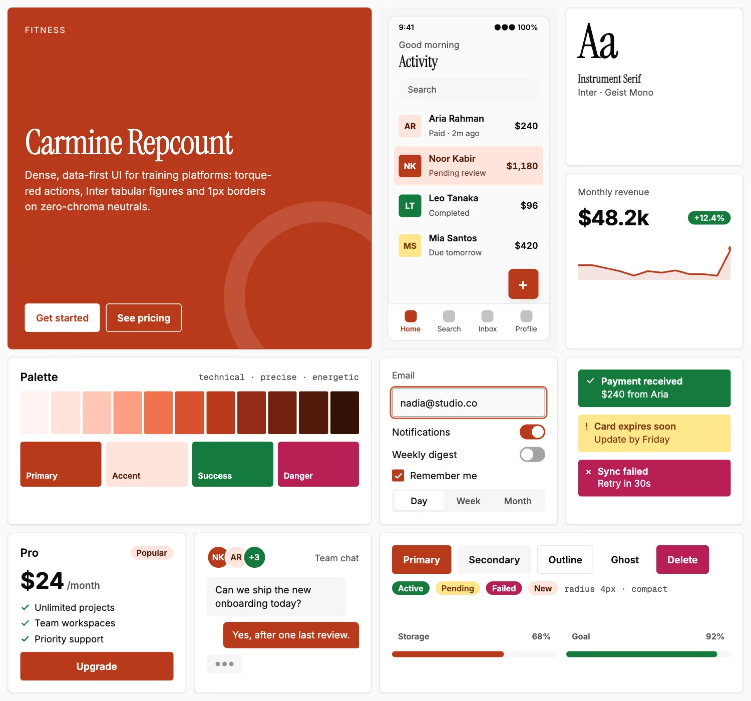 Carmine Repcount across ten UI tiles: hero, phone screen, type, chart, palette, form, alerts, pricing, chat and buttons