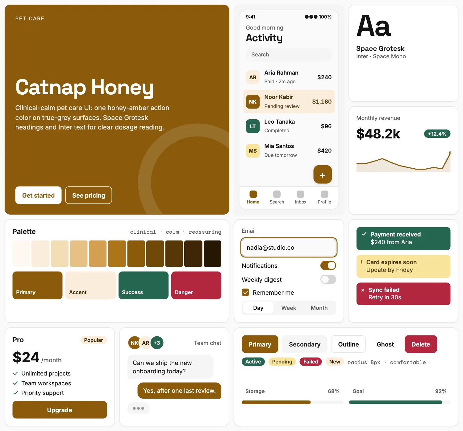 Catnap Honey across ten UI tiles: hero, phone screen, type, chart, palette, form, alerts, pricing, chat and buttons