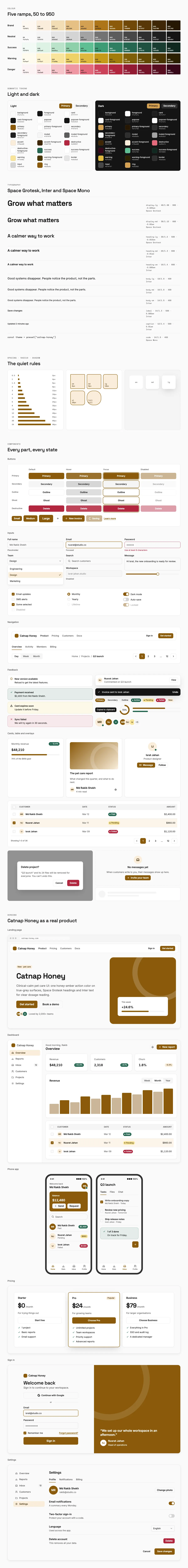 Catnap Honey full preview: colour ramps, light and dark tokens, type scale, components in every state and six product screens