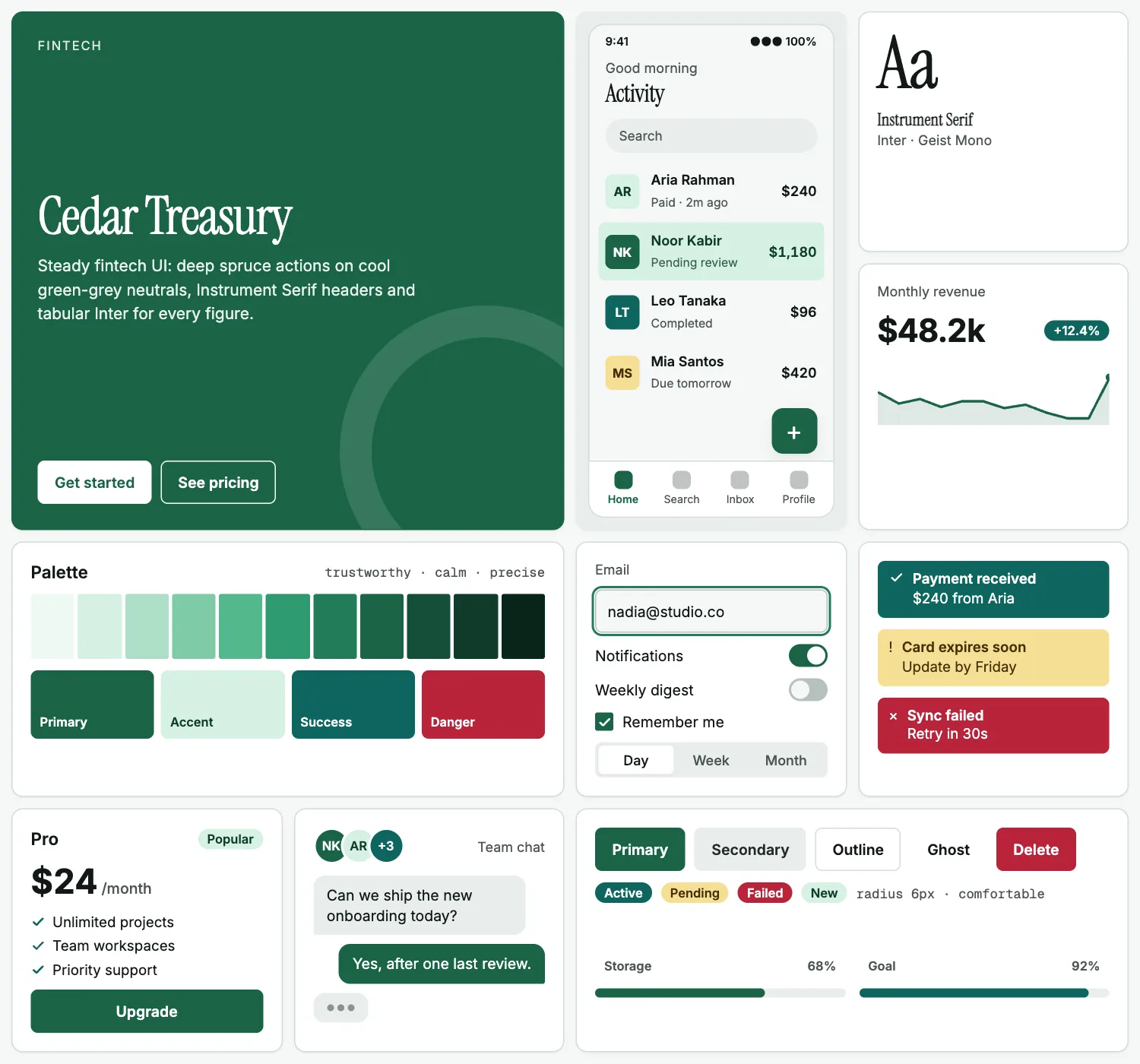 Cedar Treasury across ten UI tiles: hero, phone screen, type, chart, palette, form, alerts, pricing, chat and buttons