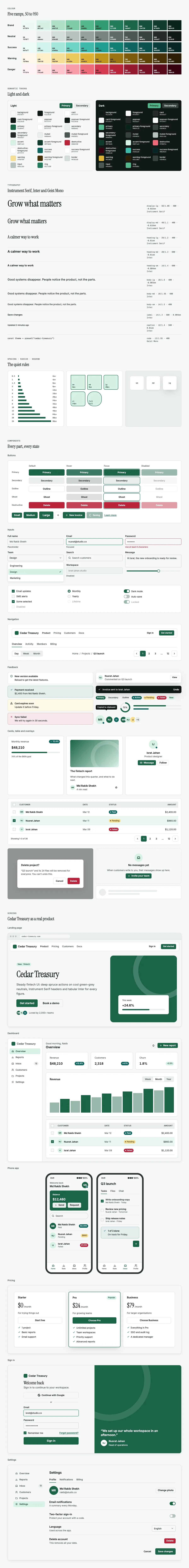 Cedar Treasury full preview: colour ramps, light and dark tokens, type scale, components in every state and six product screens
