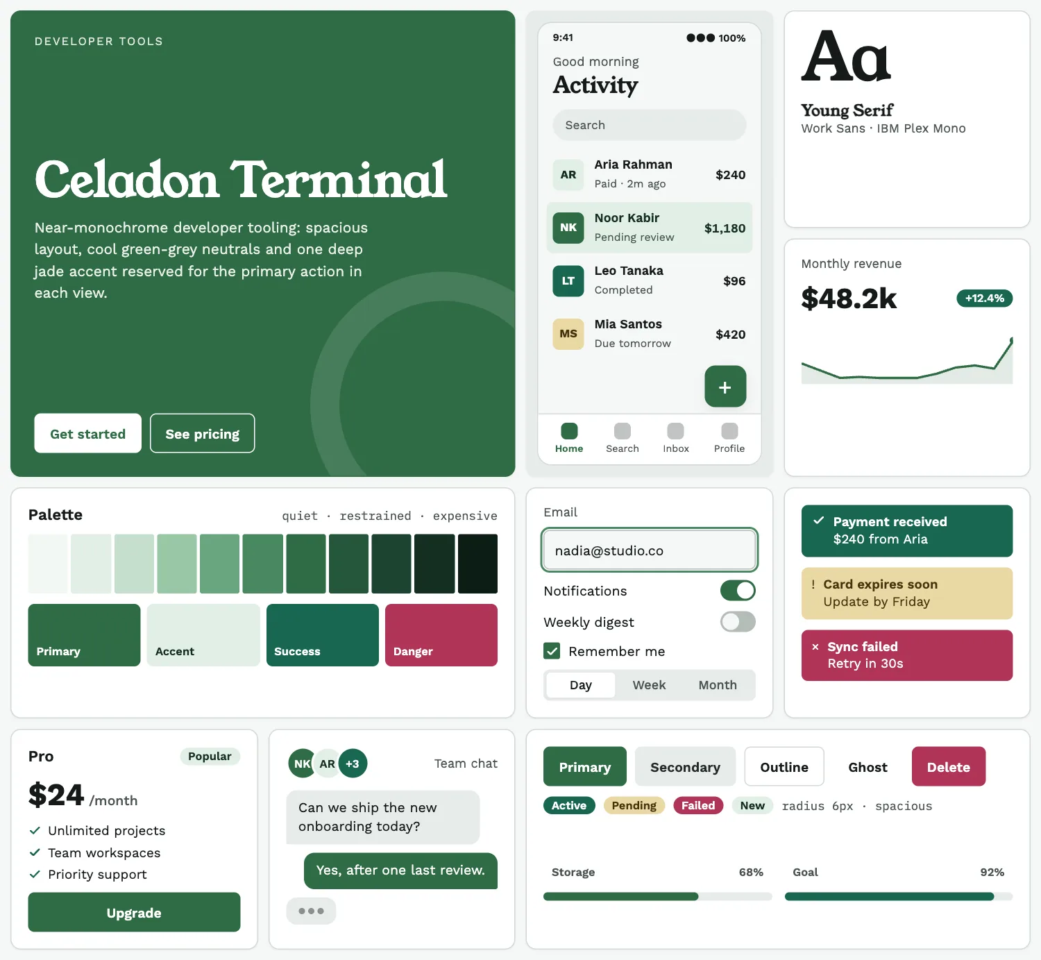 Celadon Terminal across ten UI tiles: hero, phone screen, type, chart, palette, form, alerts, pricing, chat and buttons