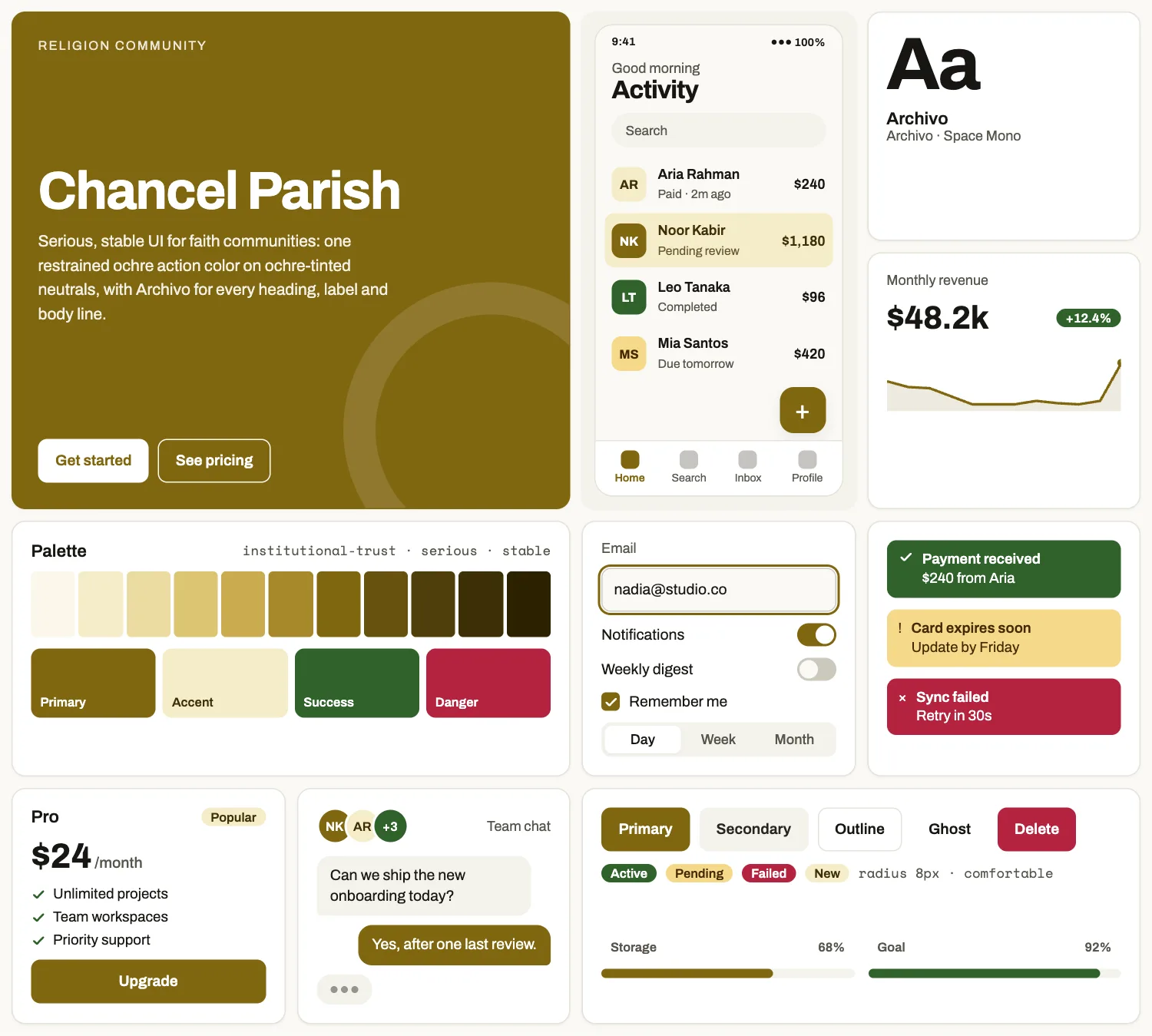 Chancel Parish across ten UI tiles: hero, phone screen, type, chart, palette, form, alerts, pricing, chat and buttons