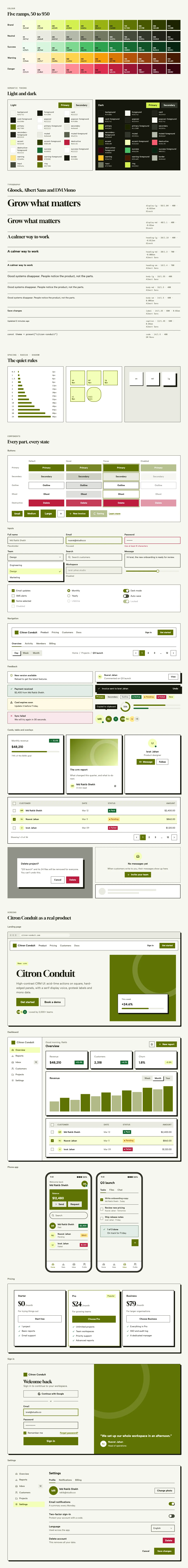 Citron Conduit full preview: colour ramps, light and dark tokens, type scale, components in every state and six product screens