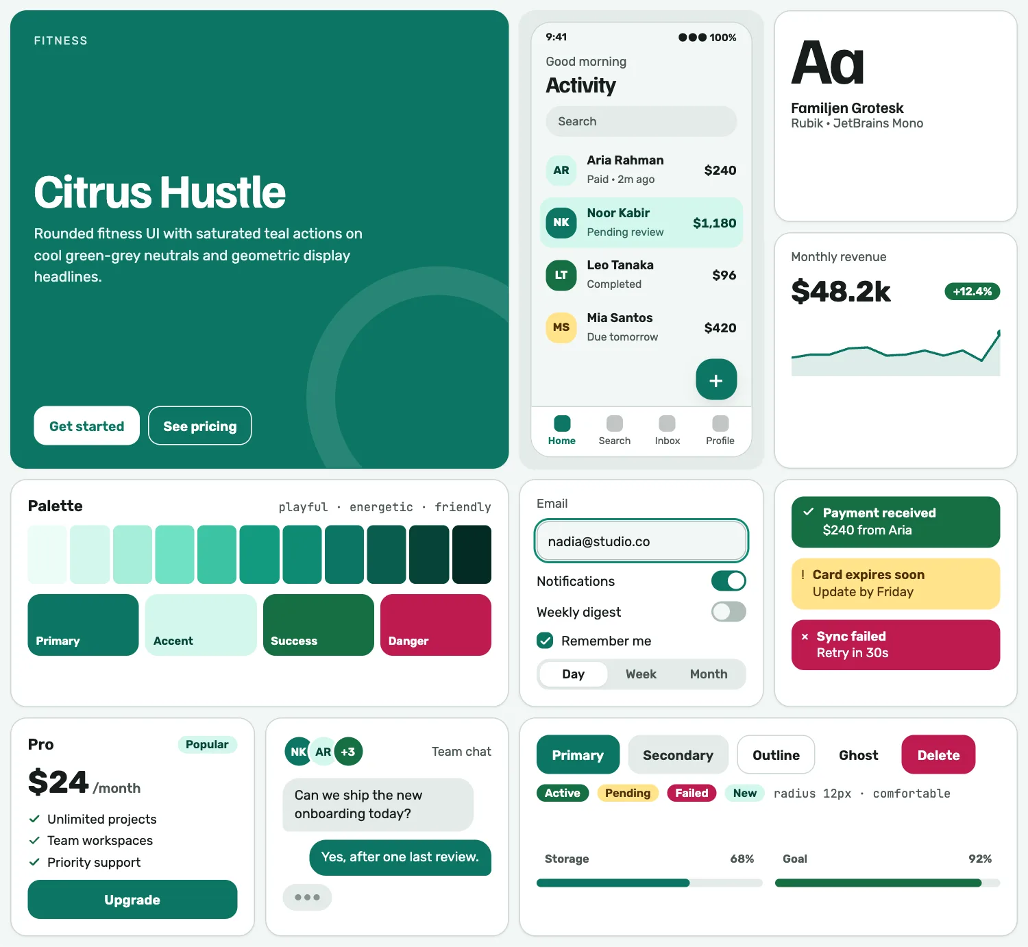 Citrus Hustle across ten UI tiles: hero, phone screen, type, chart, palette, form, alerts, pricing, chat and buttons