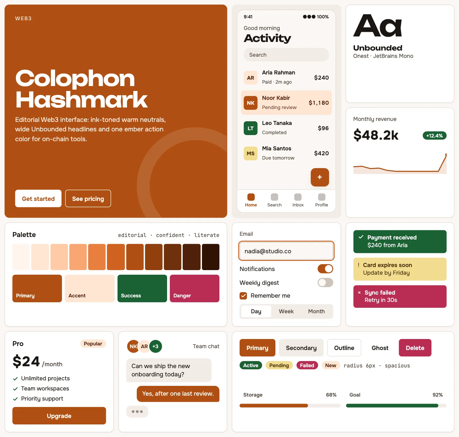 Colophon Hashmark across ten UI tiles: hero, phone screen, type, chart, palette, form, alerts, pricing, chat and buttons