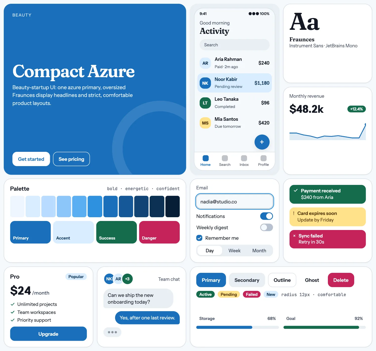 Compact Azure across ten UI tiles: hero, phone screen, type, chart, palette, form, alerts, pricing, chat and buttons