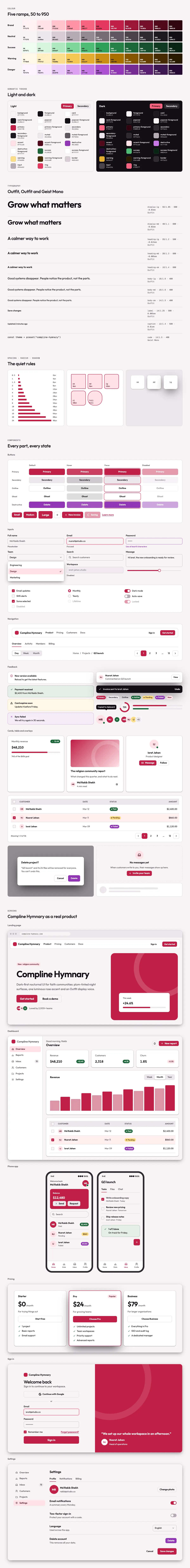 Compline Hymnary full preview: colour ramps, light and dark tokens, type scale, components in every state and six product screens